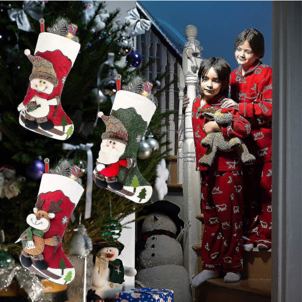 Julstrumpor, 18" stora strumpor set med 3 julkaraktärer tomte, snögubbe, ren 3d plysch Chr