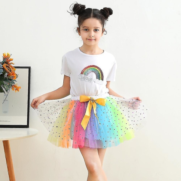 Layered Balett Tyll Rainbow Tutu kjol för små flickor Klä upp med färgglada hårrosetter RS033 with Bow