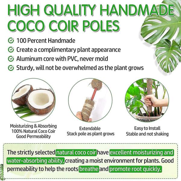 4-pack 25" Coco Coir Moss-stång, uppgraderad böjbar växtstakes mossstång för Monstera med vridband