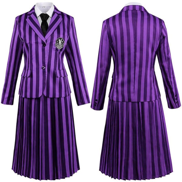 Onsdagsskoleuniform kostym med perukklänning Cosplay för tjejer Purple 140 Purple 120
