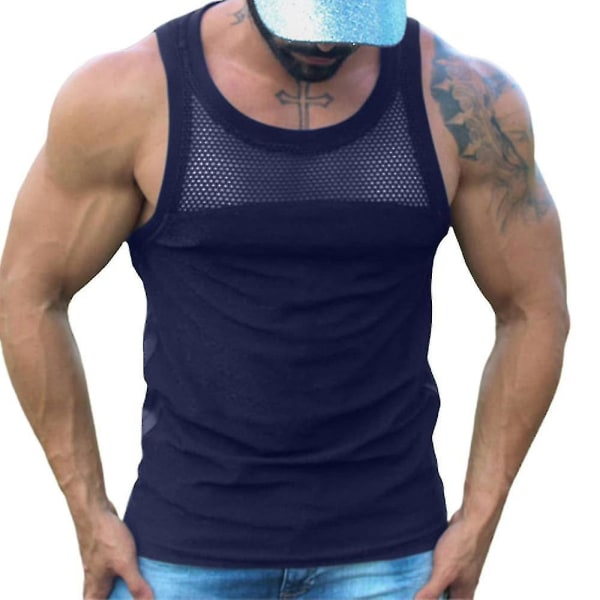 Ärmlös mesh för män för sommarsport Gym Tank Tops Blue
