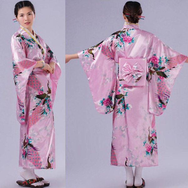 Kvinnor Flickor Japansk Satin Lång Kimono Yukata Foto Cosplay black pink