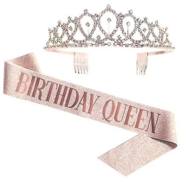 (Rose Gold QUEEN) Kvinnor Birthday Girl Accessoarer Axel Sash Crystal Crown Party Pannband Set