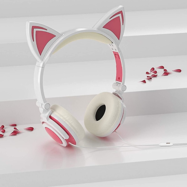 Kabelanslutna Kids Cat-hörlurar med mikrofon, justerbara On-ears Stereo Vikbar Led Cute Kitty Gift Hea