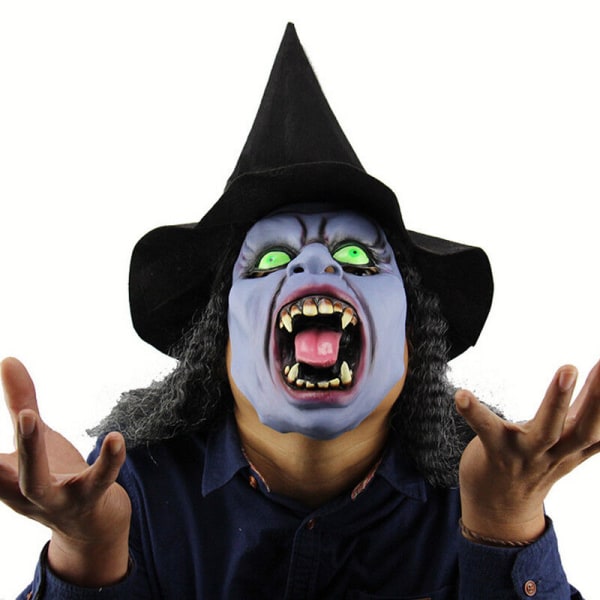 Vuxen Halloween mask gammal häxa lila ansikte med hatt Cosplay