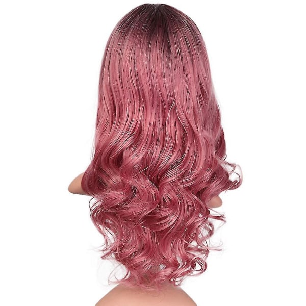 Lång rosa peruk lockiga vågiga peruker för kvinnor flickor Syntetisk mittdel peruker Cosplay Party Pastellperuker H