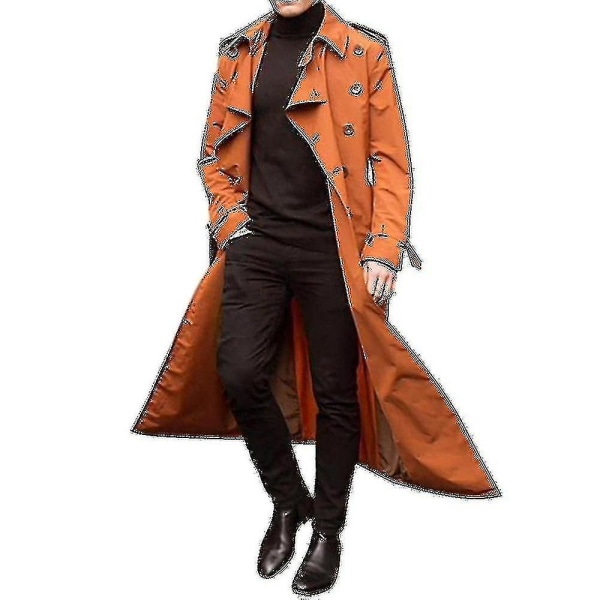 Män Trench Coat Dubbelknäppt Lapel Windbreaker Man Långjacka Ytterkläder_y Orange L Orange XXL