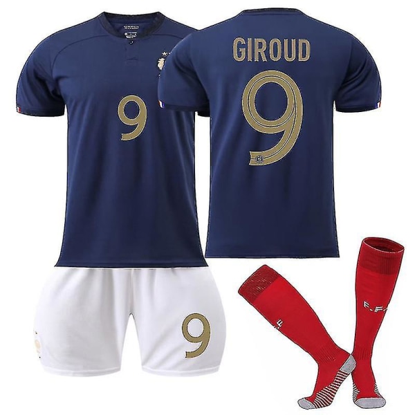 2022-2023 Frankrike Hem VM Barn Vuxen Jersey Set med strumpor GIROUD 9 GIROUD 9 Kids 20(111-120CM)