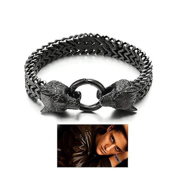 Moye Mens rostfritt stål Wolf Head Curb Chain Armband med fjäderringspänne（silver）