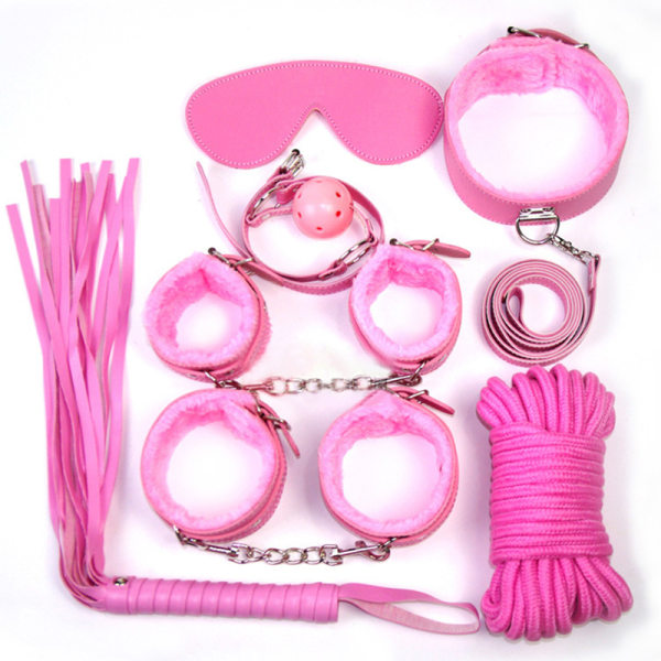 7st Cosplay set SM buntad kostym Flerfärgad plysch sexkit Ögonmask Munboll Piska Handbojor Boja Halsärm Purple 7pcs Pink