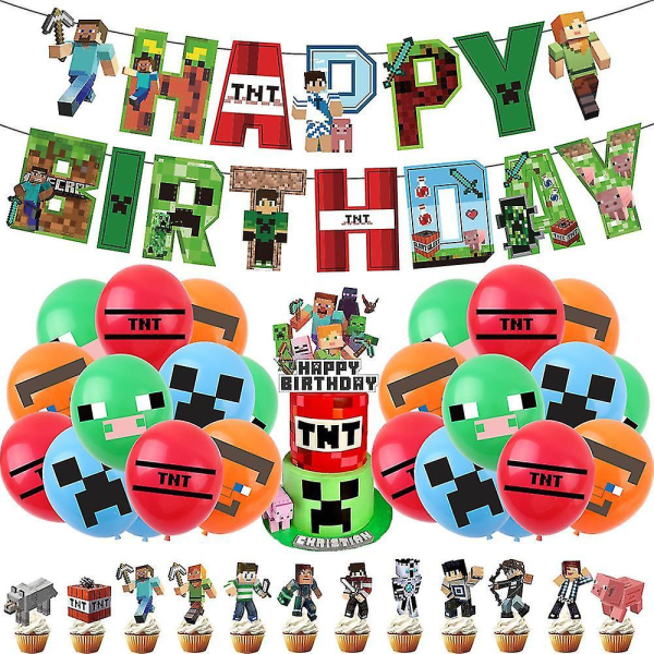 Minecraft Tema Festtillbehör Kit Ballonger Banner Cake Toppers Dekorationer Set