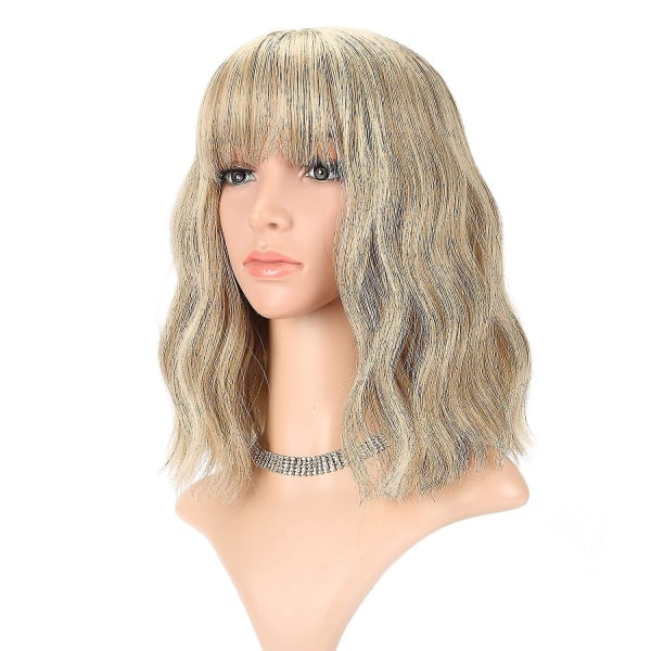 Loose Wave Blond Wig Kort Bob Peruker Med Air Bangs Shoulder, längd Curly Wavy Synthetic Cosplay Wi