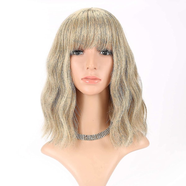 Loose Wave Blond Wig Kort Bob Peruker Med Air Bangs Shoulder, längd Curly Wavy Synthetic Cosplay Wi