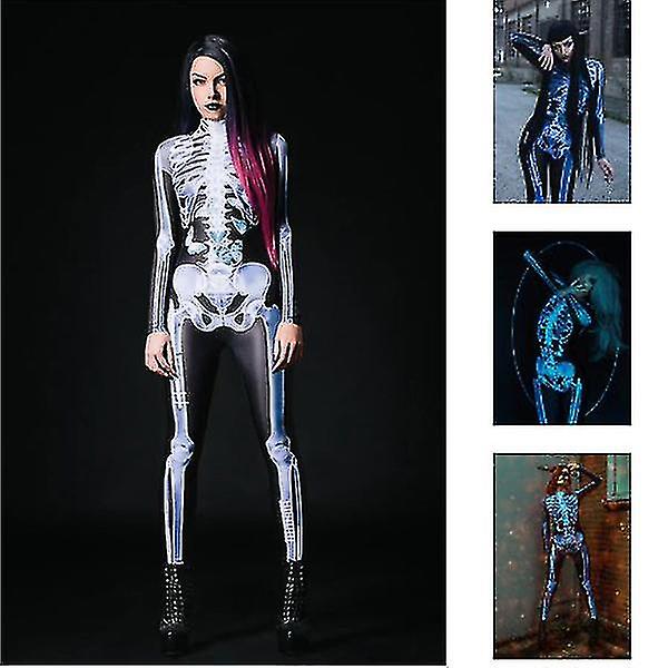 Kvinnors Halloween Skeleton 3d Print Kostym Bone Skull Skinny Body Jumpsuit Sexig Skull Bodysuit Men M Women S