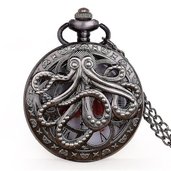 Vintage Octopus Hollow Half Hunter, kvarts watch med halsbandskedja（svart-röd）