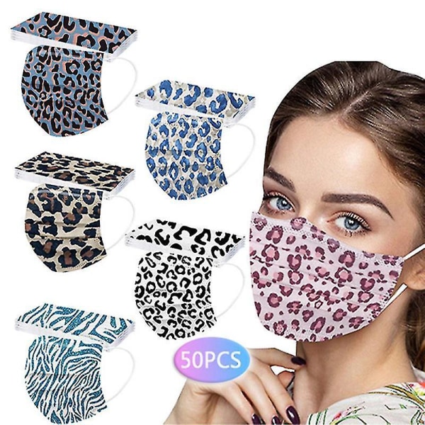 Ansiktsmasker för engångsbruk printed med leopardmönstrade 50-pack 3-lagers säkerhetsansiktsskydd