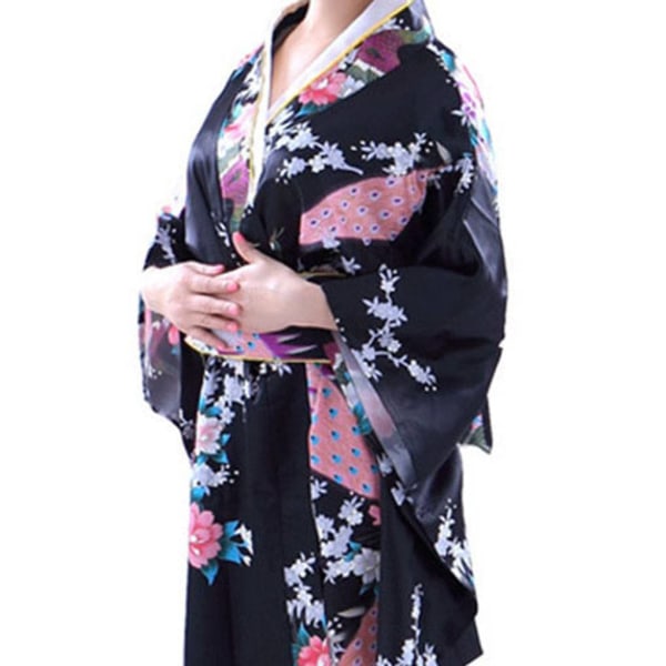 Kvinnor Flickor Japansk Satin Lång Kimono Yukata Foto Cosplay sky blue black