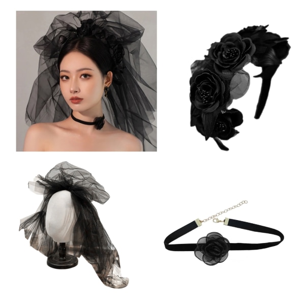 Gothic Floral Pannband Svart Blomma Headpiece Choker Halsband Tyll Veil Cosplays Kostym Accessoar Halloween Smycken Black flower headban Black veil