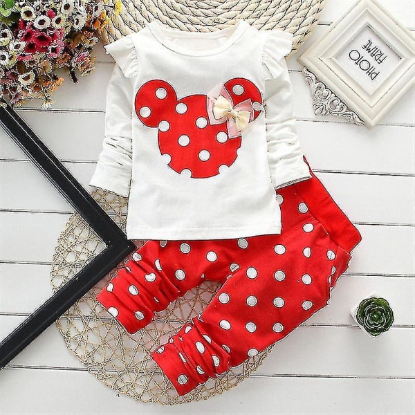Barn Flickor Minnie Mouse Polka Dot Outfit T-shirt Top Långbyxor Set Red