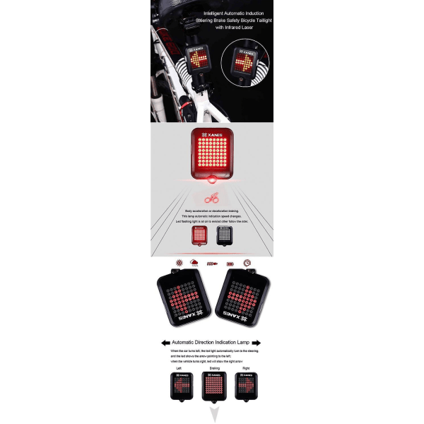 XANES 64 LED 80LM Intelligent Automatisk Induktion Stål Ringbroms Säkerhetscykel bakljus med Infra