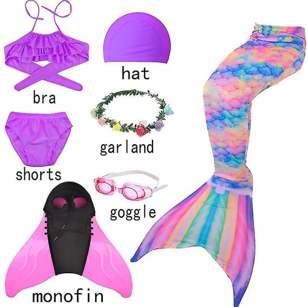 Barn Flickor Simning Mermaid Tail Cosplay Pink Bluey Barn Halloween Party Present Baddräkt Can Add M 7pcs with monofin-K2