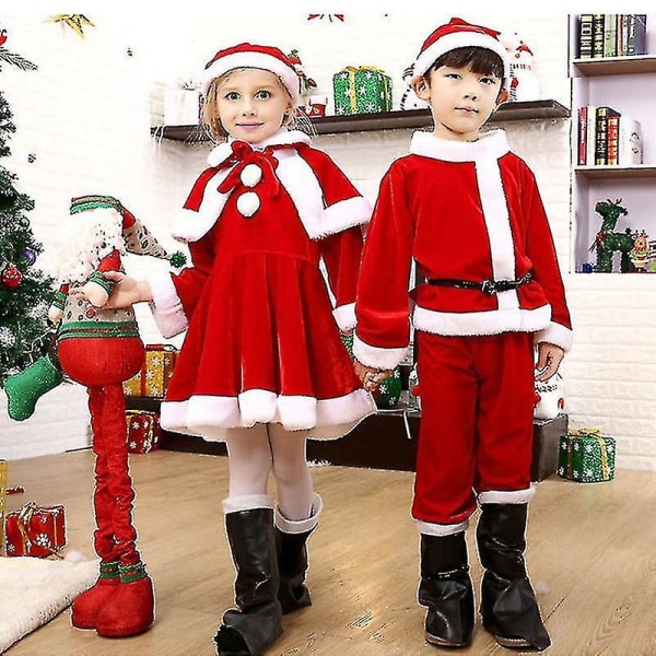 Barn Barn Jul Jultomte Kostym X-mas Outfit 3/4- set Klänning/byxor+toppar+hatt+kappa+b Boy 4 Pcs set