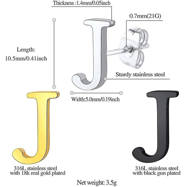 (Bokstav J) Initiala örhängen 3 par örhängen set, rostfritt stål Alfabet A till Ö Bokstavsstift