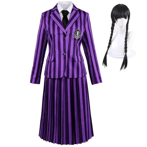 Onsdagsskoleuniform kostym med perukklänning Cosplay för tjejer Purple 140 Purple 120