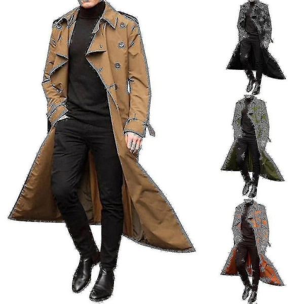 Män Trench Coat Dubbelknäppt Lapel Windbreaker Man Långjacka Ytterkläder_y Orange L Green L