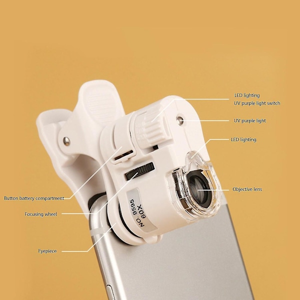 60x förstoringsglas Universal Mobiltelefon Mini Portable Clip Led Mikroskop Förstoringsglas Lupp Uv Cur
