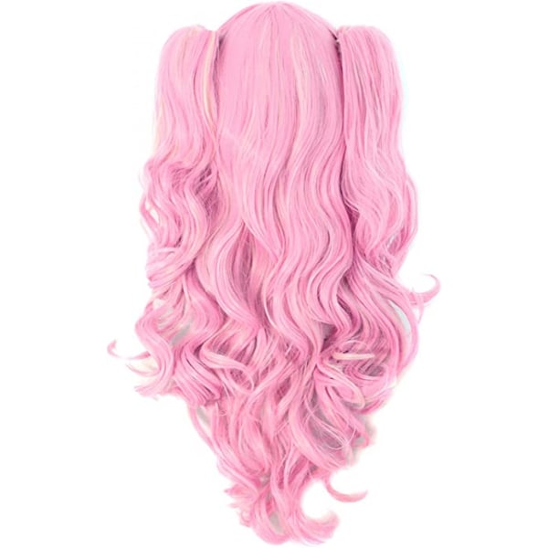 Long Curly Clip on Ponytails Cosplay Peruk (rosa/blond)