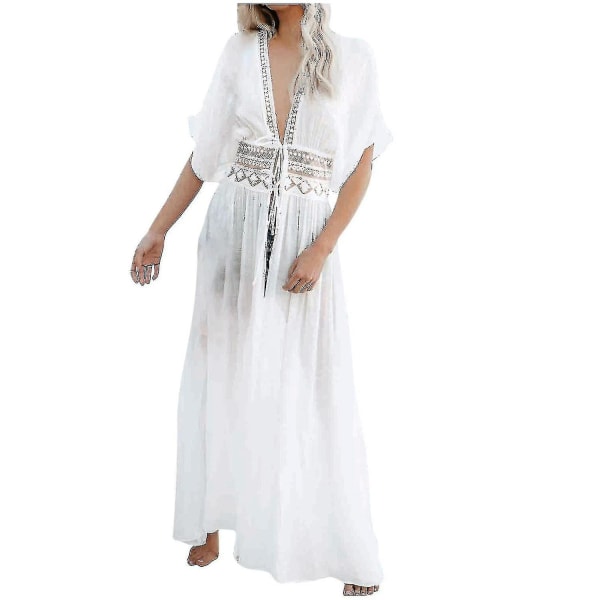 Kvinnor Solid Beach Kaftan Long Cover Up Klänning Djup V-ringad Hollow Out Perspective Bandage Dress White
