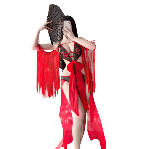 Cosplay Kostymer Ribbon Suit Erotiska underkläder Se Through Bodysu Red
