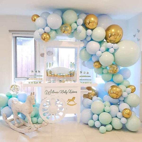 Baby shower dekorationer för pojke - blå ballong girland kit, 124 macaron latex ballonger blå, konfett