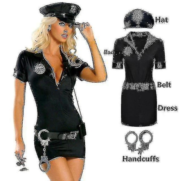 S-xxxl svart polisofficer outfit poliskvinna kostym dräkt uniform för vuxna kvinnor Halloween Pol Black  a