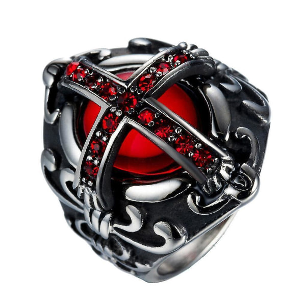 (US storlek 7) Ring för män i rostfritt stål Röd kristall gotisk vintage Celtic Cross Band