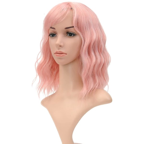 Naturlig vågig pastell rosa peruk Färgglada peruker med luftsmäll Korta bob-peruker axellängd peruk för kvinnor
