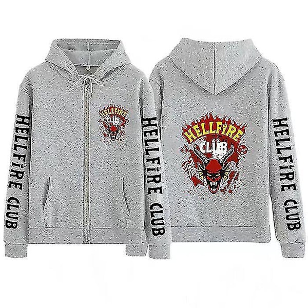 Stranger Things Hoodie Hellfire Club Print Sweatshirt Hooded Loose Zip Sweatshirt Topp Hellfire Club grey