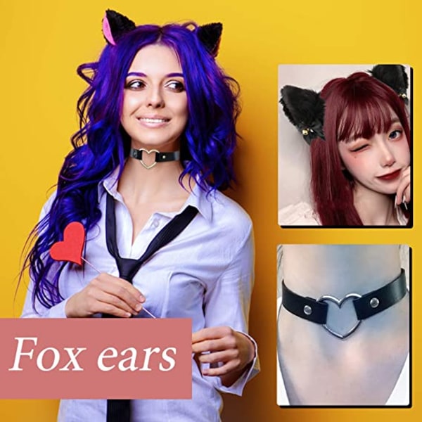 Böjda öron Fox Pannband + Bell Choker Halsband för kvinnor Cosplay Cosplay Kostym Party. (svart+rosa)