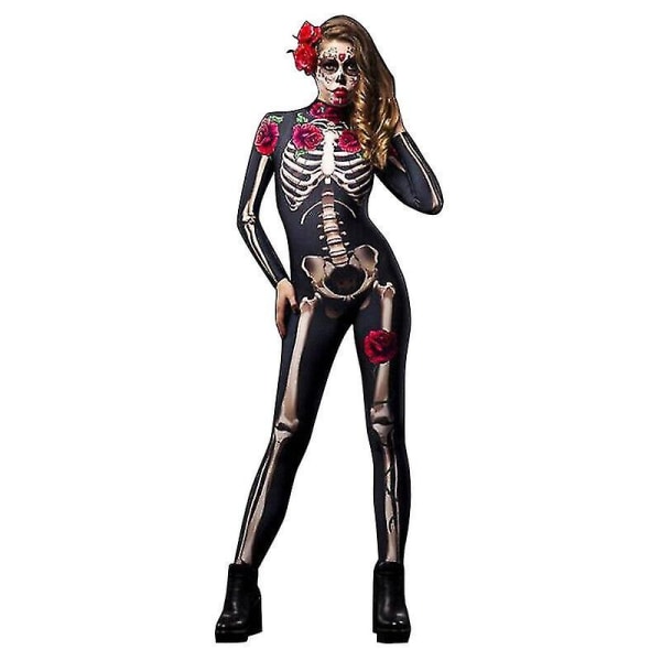 Kvinnor Halloween Skelett Ben Ram Jumpsuit Body Cosplay Party Kostym Black L Black XL