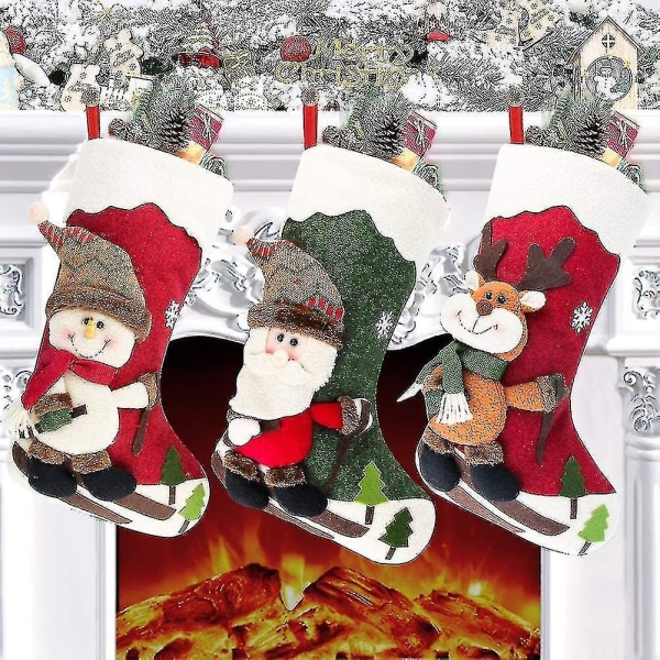 Julstrumpor, 18" stora strumpor set med 3 julkaraktärer tomte, snögubbe, ren 3d plysch Chr