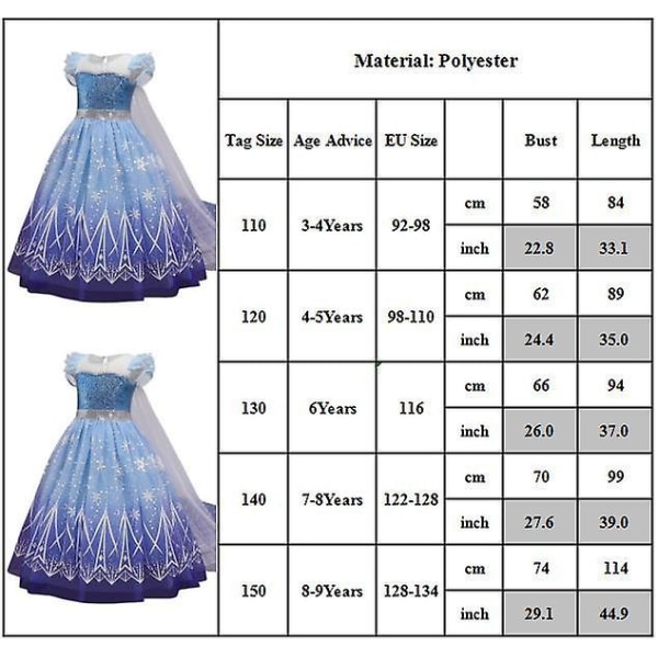 Frozen Queen Elsa Cosplay Barn Tjej Paljetter Princess Cape Klänning Balklänning Födelsedagsfest Kostym 130cm 130cm