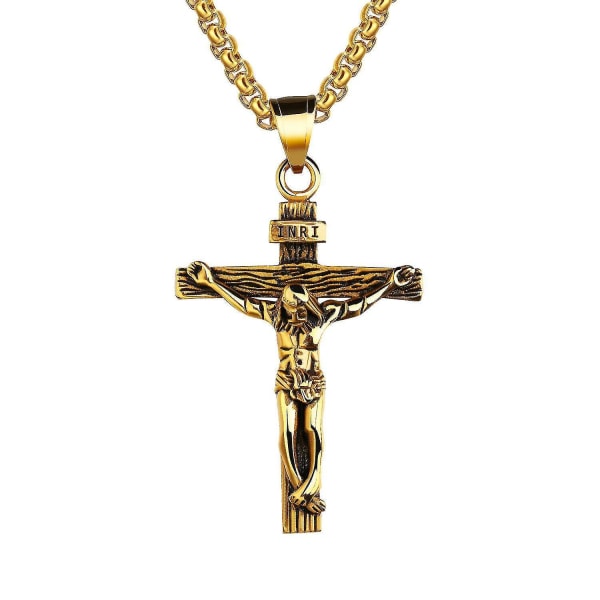 (Svart guld) Katolsk Jesus Kristus på INRI korshänge rostfritt stål krucifix halsband 55cm