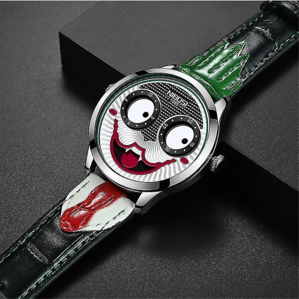 Watch Men Big Dial Joker Quartz Armbandsur Läder Vattentät Clown Face Design