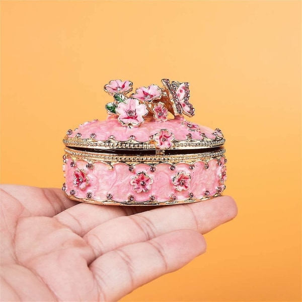 Kristallprydnadsföremål smyckeskrin gångjärn, handmålade rosa blomsterfjärilsmönster smyckeskrin för flicka
