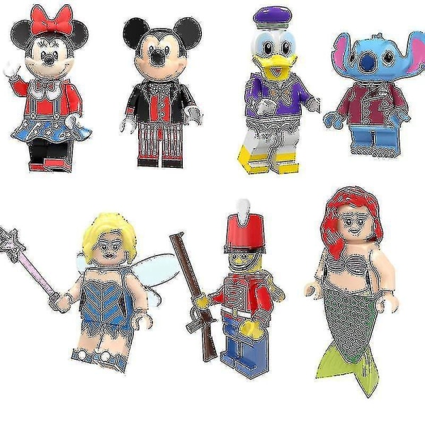 7st Mickey Minnie Nötknäppare Stitch Blomma Fairy Byggkloss Minifigur monterad byggsten