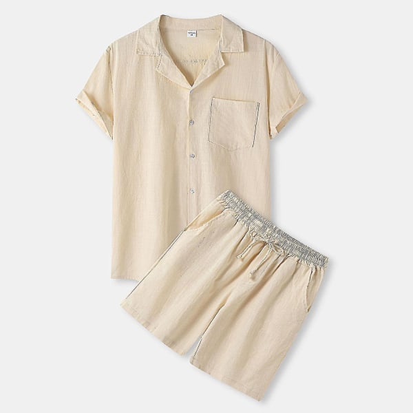 Män Summer Cotton Linne Look Outfit Kortärmad skjorta + Shorts Set Strandkläder Khaki