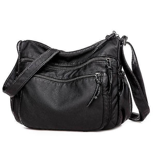 Nya Crossbody-väskor för kvinnor Pocketbooks Ultra Mjukt tvättat läder Multi Pockets Messenger Bag (svart)