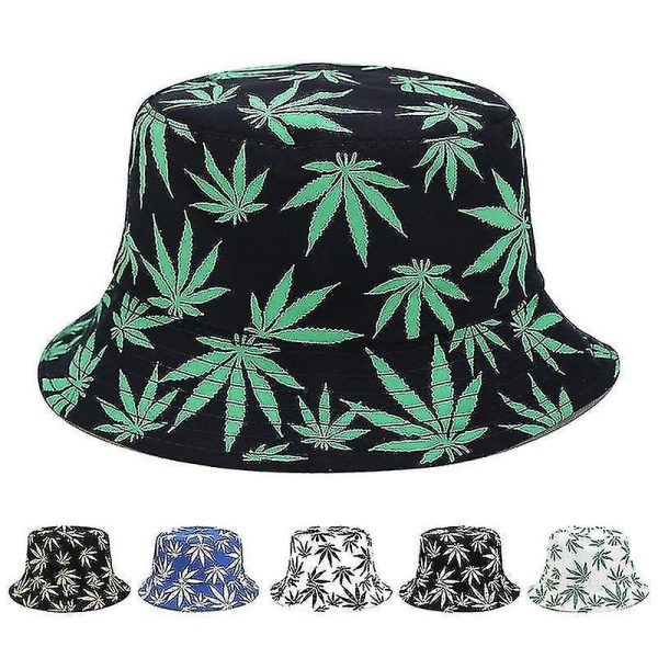 Panama Leaf Print Bucket Hat, Hip Hop Fisherman Cap & Women (svart med grönt)