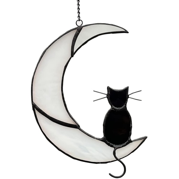 Svart kattdekor på vit måne Fönster i målat glas, hängande Suncatcher fönsterpaneler Hängningar Sun Ca
